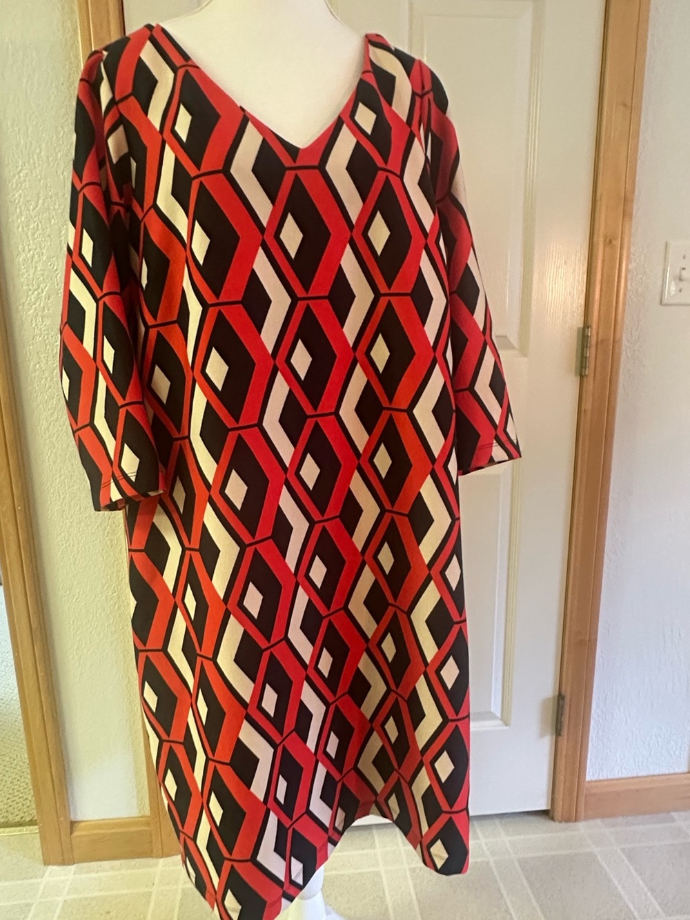 Taylor Red, Black and Cream Geometric V-Neck Midi Dress 14W